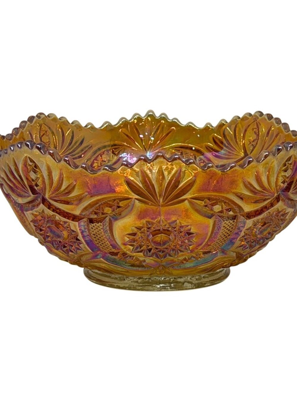 Vintage Marigold Carnival Glass Bowl 8x3 Starburst Crab‎ Claw Pattern Iridescent
